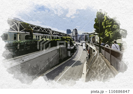 水彩画風　上野　公園通り歩道　東京都台東区 110886847