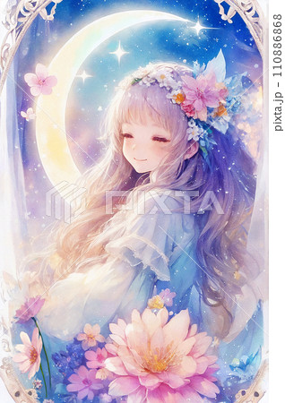 幻想的な窓辺に佇む美しい少女（AI画像、AI生成）のイラスト素材 