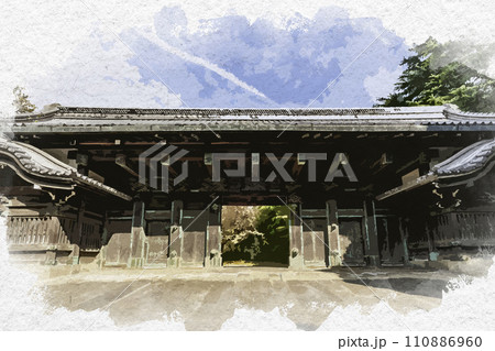 水彩画風　上野公園　旧鳥取藩主池田家上屋敷表門　黒門　東京都台東区 110886960
