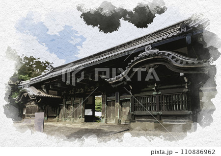 水彩画風　上野公園　旧鳥取藩主池田家上屋敷表門　黒門　東京都台東区 110886962