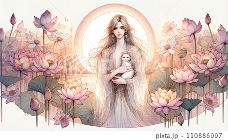 猫を抱きかかえた男性の水彩画（AI生成、AI画像） 110886997