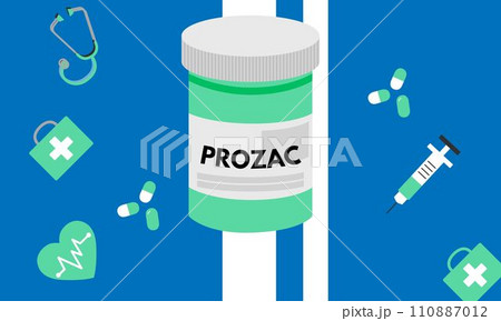 Prozac Medical pills in RX prescription drug bottle for mental health vector illustration Prozac Medical pills in RX prescription drug bottle for mental health vector illustration 110887012