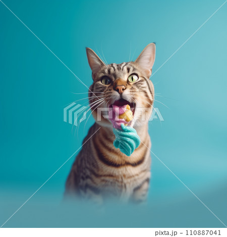 AI-generated content. Cute funny cat licks ice cream on uniform background 110887041