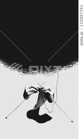 Mindfulness activities for mental well-being. Benefits of hobbies like knitting. Conceptual modern design. Black and white image of hands knitting with needles Mindfulness activities for mental well-being. Benefits of hobbies like knitting. Conceptual modern design. Black and white image of hands knitting with needles 110887341