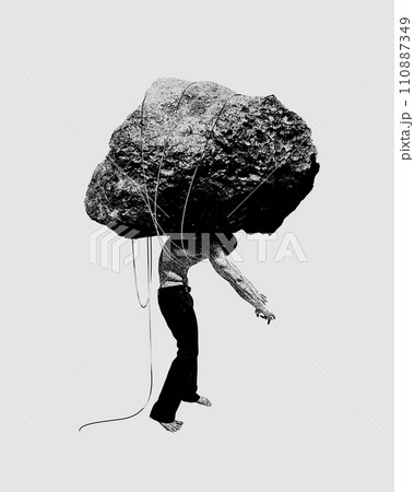 Man with giant heavy stone connected to him with rinks. Expectations, social pressure, negative thoughts. Conceptual modern design. 110887349
