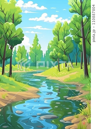 AI-generated content. Landscape with Forest River Illustration 110887804