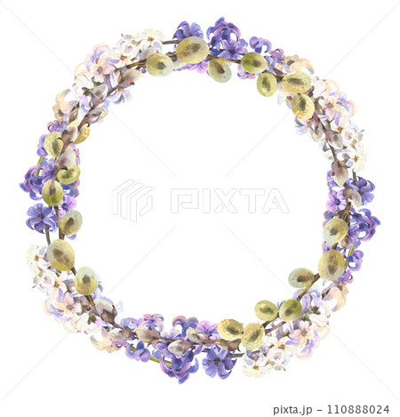 Watercolor Easter willow and hyacinth round wreath. Hand painted willow branch isolated on white background. Design for printing postcards, invitations to weddings, birthdays, spring holidays, easter 110888024