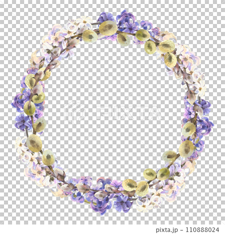 Watercolor Easter willow and hyacinth round wreath. Hand painted willow branch isolated on white background. Design for printing postcards, invitations to weddings, birthdays, spring holidays, easter 110888024