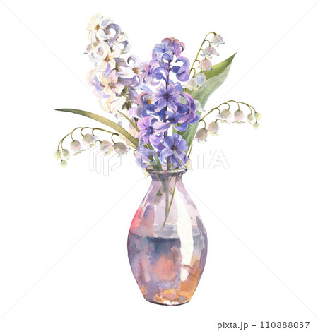 Watercolor illustration. Spring flowers hyacinth and lilies of the valley. Bouquet in a glass vase. Design for printing postcards, invitations to weddings, birthdays, spring holidays, Easter Watercolor illustration. Spring flowers hyacinth and lilies of the valley. Bouquet in a glass vase. Design for printing postcards, invitations to weddings, birthdays, spring holidays, Easter 110888037