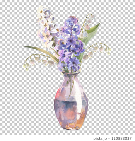 Watercolor illustration. Spring flowers hyacinth and lilies of the valley. Bouquet in a glass vase. Design for printing postcards, invitations to weddings, birthdays, spring holidays, Easter Watercolor illustration. Spring flowers hyacinth and lilies of the valley. Bouquet in a glass vase. Design for printing postcards, invitations to weddings, birthdays, spring holidays, Easter 110888037
