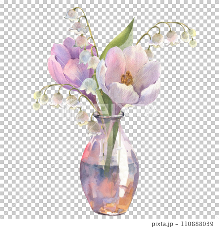Watercolor illustration. Crocuses and lilies of the valley. Bouquet in a glass vase. spring flowers. Design for printing postcards, invitations to weddings, birthdays, spring holidays, Easter Watercolor illustration. Crocuses and lilies of the valley. Bouquet in a glass vase. spring flowers. Design for printing postcards, invitations to weddings, birthdays, spring holidays, Easter 110888039