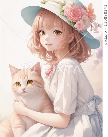 白い猫を抱いてる女性。きれいな絵