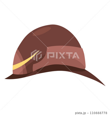 Fireman helmet icon, side view. Hat of firefighter with metal emblemsor logo. Brown fireman cup, uniform headwear. Vector illustration isolated on white 110888778