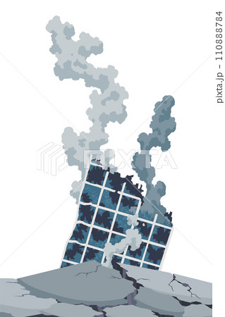 Earthquake destruction building and cracked the ground, house and street. Natural disaster. City panorama with damaged house. Urban ruined landscape vector illustration 110888784