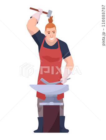 Blacksmith worker. Craftsmanship making steel tools. Character with hammer making goods in foundry workshop. Worker making some items. Vector cartoon person Blacksmith worker. Craftsmanship making steel tools. Character with hammer making goods in foundry workshop. Worker making some items. Vector cartoon person 110888787