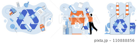 Waste management. Vector illustration. Ecological awareness inspires responsible waste management behaviors Junk materials can be transformed through recycling initiatives Waste management is crucial Waste management. Vector illustration. Ecological awareness inspires responsible waste management behaviors Junk materials can be transformed through recycling initiatives Waste management is crucial 110888856