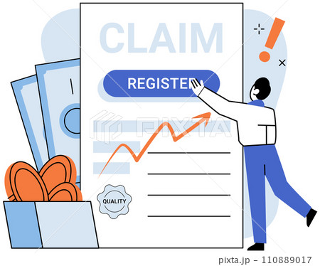 Claim vector illustration. The agreement is roadmap, guiding claim process towards financial resolution Transform paperwork into financial deal, simplifying claim and compensation Register your claim 110889017