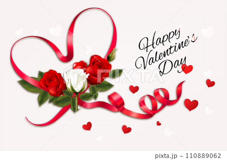 Happy Valentine's Day beautiful background with red and white roses and red heart shape ribbon Vector. 110889062