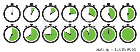 Clock icon set in light green color. Stopwatch symbol set. Countdown clock stopwatch, timer vector illustation. Collection of timer icon set in light green color on white background. 110889069