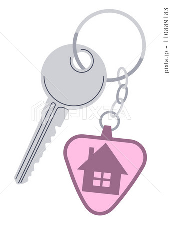 Door keys keyfob. Ring with trinket, keychains plastic tag hanging on keyring. House, apartment or room locking accessories. Cartoon flat vector isolated on white background 110889183
