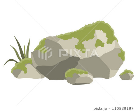 Rock stone formations. Small boulder mountain with grass and moss, big icon with rocky texture, heavy piles. Cobblestones of various shapes, hard rock rubbles. Vector cartoon background 110889197