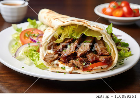 AI-generated content. Turkish kebab doner, lamb and salad with lettuce, tomatoes in a wrap 110889261