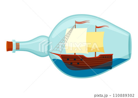 Ships in bottle. Glass with object inside. Miniature model of marine vessel. Hobby craft work and sea theme. Decorative marine souvenir, sailing craft Ships in bottle. Glass with object inside. Miniature model of marine vessel. Hobby craft work and sea theme. Decorative marine souvenir, sailing craft 110889302