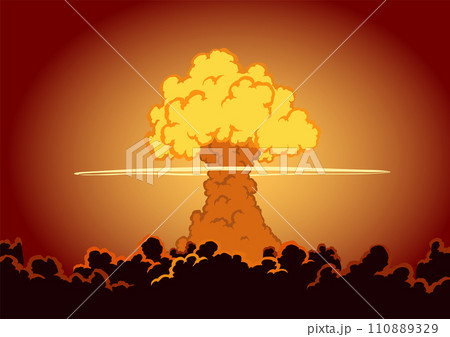 Big explosion in the city. War and damages after big explosion in the city. Urban landscape with burn sky after atomic bomb 110889329