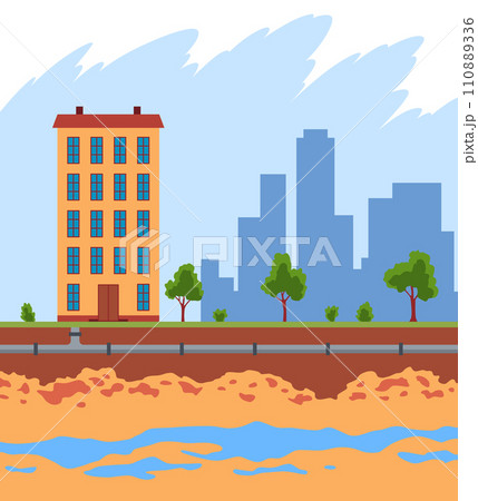 Water supply wells system. Structure of soil and underground water, supplying water to house. Layers of land with underground rivers. Cartoon flat vector illustration Water supply wells system. Structure of soil and underground water, supplying water to house. Layers of land with underground rivers. Cartoon flat vector illustration 110889336