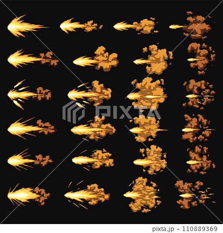 Gun flashes or gunshot animation. Collection of fire explosion effect during the shot with the gun. Cartoon flash effect of bullet starts. Shotgun fire, muzzle flash and explode 110889369