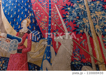 The lady and the unicorn tapestry, Cluny chapel, Paris, France 110889430
