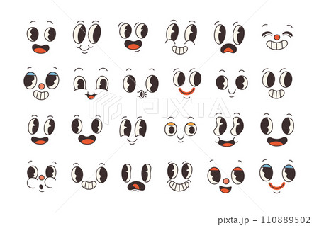 Set of 70s groovy comic faces vector. Collection of cartoon character faces, in different emotions. Groovy stickers. 110889502