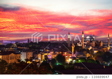 Sunset view over Hagia Sophia and the Bosphorus Bridge of Istanbul, view on the city skyline, Turkey Sunset view over Hagia Sophia and the Bosphorus Bridge of Istanbul, view on the city skyline, Turkey 110889647