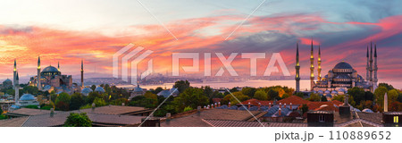 Sunset panorama over Hagia Sophia and the Blue Mosque of Istanbul, view on the city skyline, Turkey Sunset panorama over Hagia Sophia and the Blue Mosque of Istanbul, view on the city skyline, Turkey 110889652