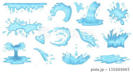Cartoon water drops. Flying and flowing particles of blue liquid. Sea splashes. Fluid crowns and fountains. Clean fresh aqua shapes. Puddle and splatters. Curve stream. Recent vector set 110889865