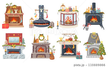 Christmas fireplaces. Decorated interior elements. Home hearths with festive garlands. Holiday glass balls. Fir trees. Gifts socks or boxes. Xmas light. Household furnace. Recent vector set 110889866