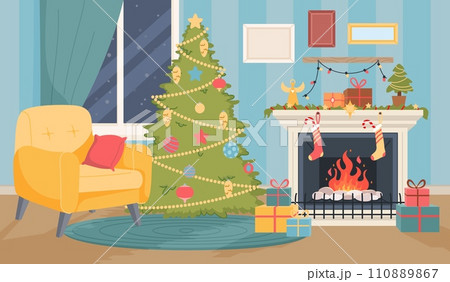 Christmas interior with fireplace. Home hearth. Festive garlands. Gift socks. Present boxes. Cozy room. Decorated house. Xmas tree with toys. Comfortable armchair. Recent vector concept Christmas interior with fireplace. Home hearth. Festive garlands. Gift socks. Present boxes. Cozy room. Decorated house. Xmas tree with toys. Comfortable armchair. Recent vector concept 110889867