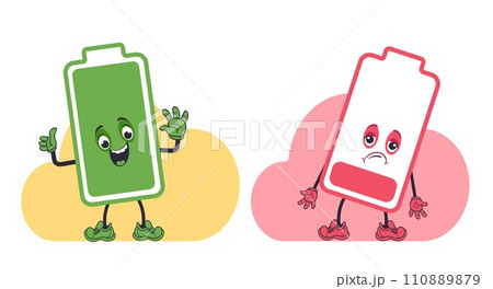 Two cartoon batteries. Green charged and red discharged. Full charging. Happy or sad mascots. Electrical power. Rechargeable accumulators. Overworked and active chargers. Vector concept 110889879