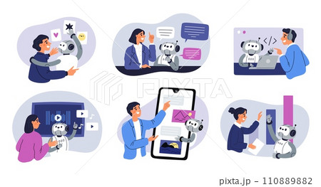 Artificial intelligence. Human interaction with AI, joint tasks solution, robot works with people, self developing system, communicating with chatbot, cartoon isolated garish vector set Artificial intelligence. Human interaction with AI, joint tasks solution, robot works with people, self developing system, communicating with chatbot, cartoon isolated garish vector set 110889882