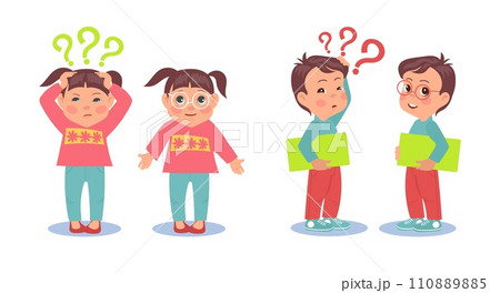Boy and girl see poorly without glasses and well with eyeglasses. Sad children Poor eyesight, eye sight and vision therapy, ophthalmology clinic. Cartoon flat isolated vector concept 110889885
