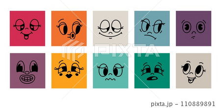 Colored squares with retro faces. Funny cartoon mascot, comic character, vintage animation style, psychedelic emoji, 50s style stickers, retro smile cute mouth and eyes, garish vector set Colored squares with retro faces. Funny cartoon mascot, comic character, vintage animation style, psychedelic emoji, 50s style stickers, retro smile cute mouth and eyes, garish vector set 110889891