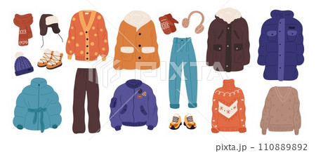 Fashion winter clothes. Modern warm wear, casual style, down jackets, parkas and bombers, knitted sweaters, hats and scarves, jackets and boots. Cartoon flat isolated garish vector set 110889892