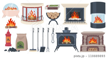 Fireplaces and hearths elements. Lighting home fire accessories, interior heating facilities, woodcutter, coals and ignition, modern and retro design, cartoon recent vector set Fireplaces and hearths elements. Lighting home fire accessories, interior heating facilities, woodcutter, coals and ignition, modern and retro design, cartoon recent vector set 110889893