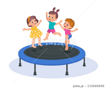 Joyful children jumping on trampoline. Boy and girls playing on playground. Happy kids on gymnastics sport equipment. Playful child trampolining cartoon flat isolated vector concept 110889898