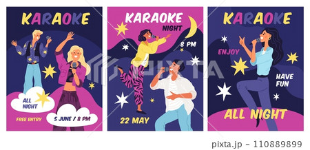 Karaoke club visitors cards. Happy friends have fun at music bar, people singing songs into microphone, vocal competition, greeting poster design, cartoon flat isolated garish vector set 110889899