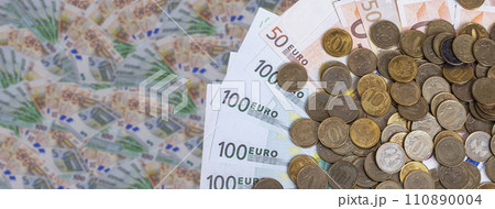 Euro banknotes and iron 10 rubles coin (written ten rubles, Bank of Russia in the Russian). Finance and business concept Euro banknotes and iron 10 rubles coin (written ten rubles, Bank of Russia in the Russian). Finance and business concept 110890004