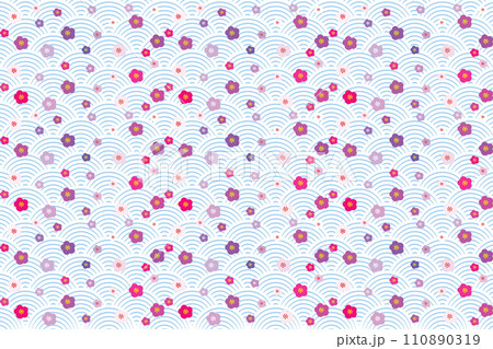 Illustration, Pattern of cherry blossom flower on japan wave background. Illustration, Pattern of cherry blossom flower on japan wave background. 110890319