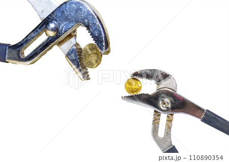 Allegory of the global financial crisis - Iron 10 rubles coin (written ten rubles, the Bank of Russia) in the grip of economic crisis, on a white background. Finance and business concept 110890354