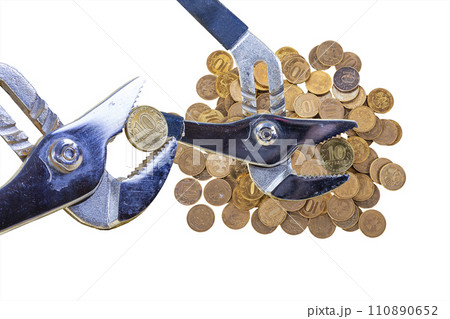 Allegory of the global financial crisis - Iron 10 rubles coin (written ten rubles, the Bank of Russia) in the grip of economic crisis, on a white background. Finance and business concept 110890652