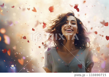 AI-generated content. Happy smiling young woman standing under falling confetti AI-generated content. Happy smiling young woman standing under falling confetti 110890715